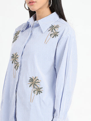 Madame Striped with Placement Embroidery Blue Cotton Shirt
