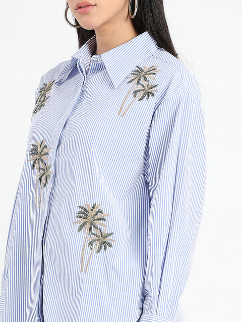 Madame Striped with Placement Embroidery Blue Cotton Shirt