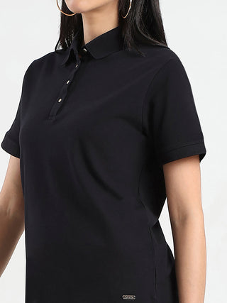 Madame Collared Solid Black Cotton Blend Polo T-Shirt