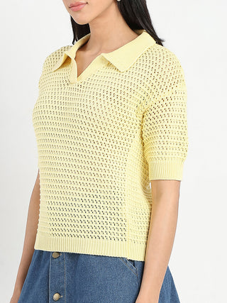 Madame Semi Sheer Yellow Cotton Knitted Top