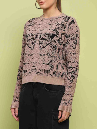 Madame Printed Crew Neck Full Sleeve Brown Sweater