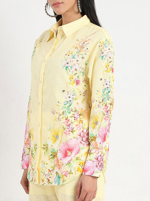 Madame Printed Shirt and Trousers Yellow Cotton Co-ord Set
