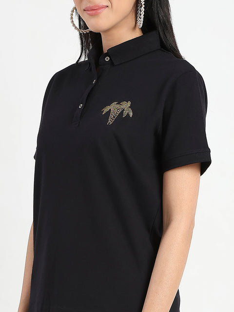 Madame Embellished Cotton Blend Black Polo T-shirt