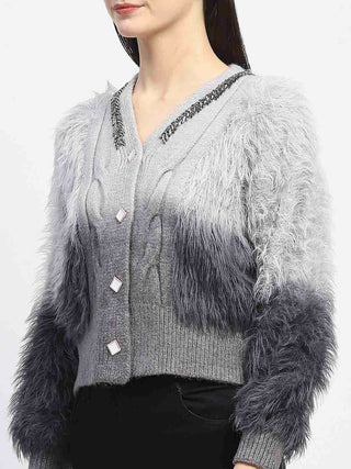 Madame Embellished Ombre V Neck Grey Sweater