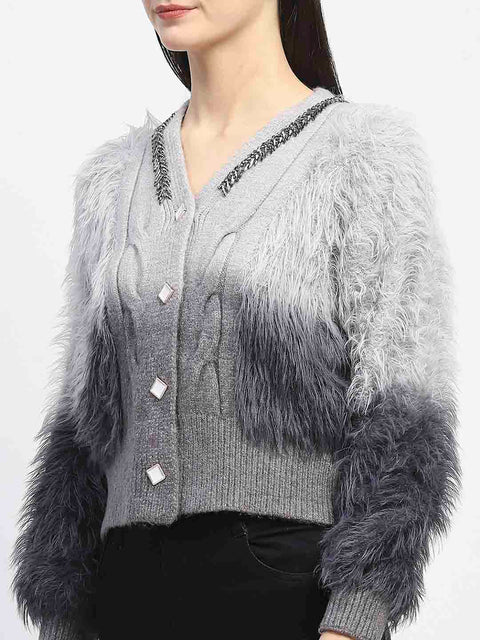 Madame Embellished Ombre V Neck Grey Sweater