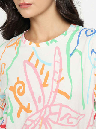 Madame All Over Print Half Sleeve White Cotton T-shirt
