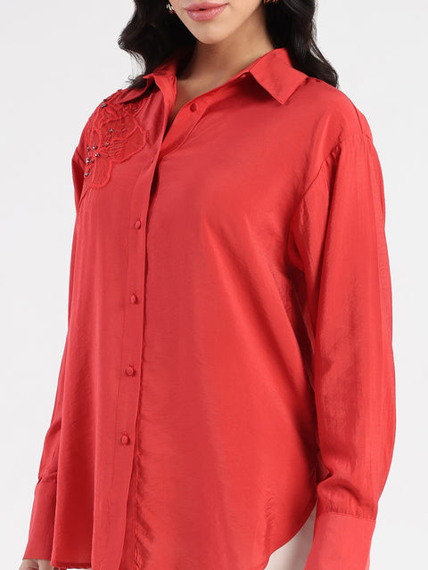 Madame Embellished Patch Red Nylon Blend Shirt