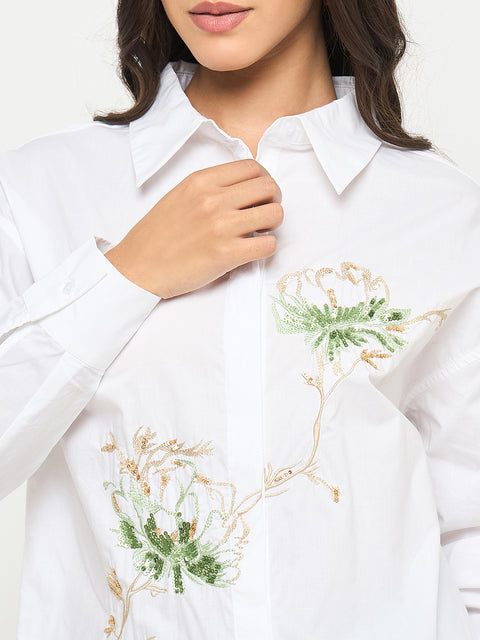 Madame Floral Embroidery White Cotton Shirt
