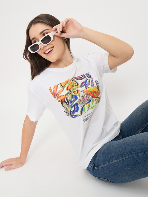 Madame White Graphic Print Cotton Round Neck T-Shirt