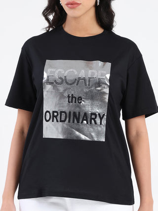Madame Swarovski Detailed Graphic Print Black Cotton T-shirt