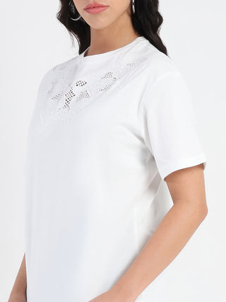 Madame Embroidered Round Neck White Cotton Lycra T-shirt