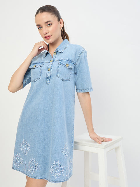 Madame Light Blue Cotton Tencel Embroidered Shirt Dress