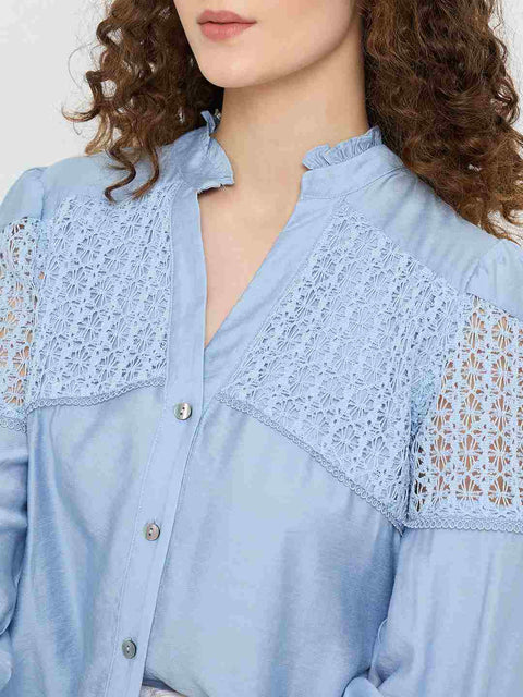 Madame Lace Detailed Pleated Front Powder Blue Top