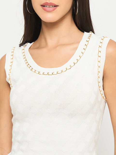Madame Chain Accented Sleeveless White Knitted Top