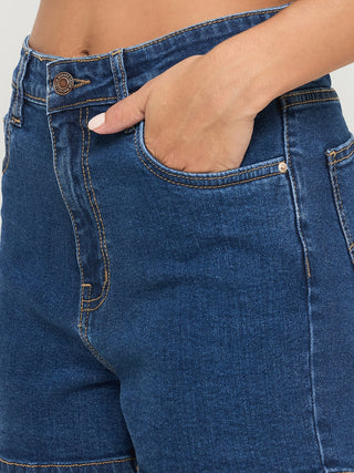Madame Cotton Blend Solid Mid Blue Denim Shorts