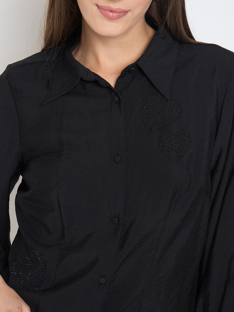 Madame Nylon Blend Heart Embellished Buttoned Black Shirt