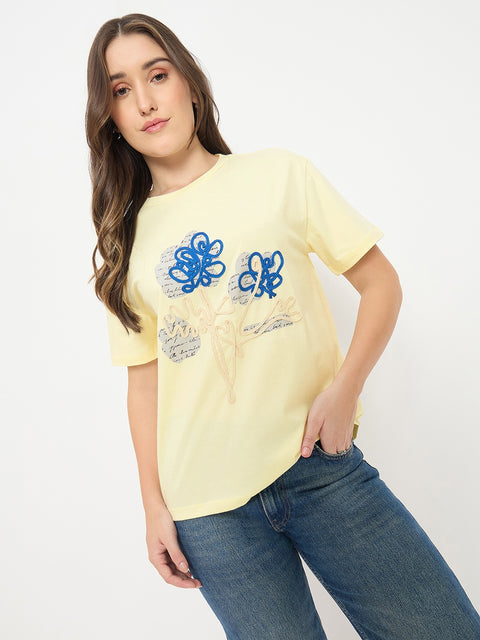 Madame Yellow Graphic Print Cotton Round Neck T-Shirt
