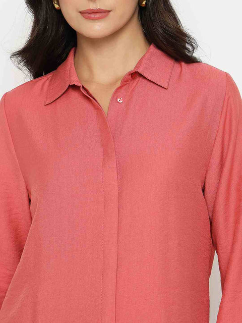 Madame Textured Solid Brick Red Rayon Blend Shirt