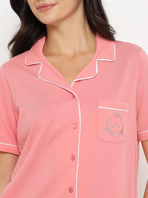 mSECRET Embossed Top and Bottom Coral Cotton Night Suit