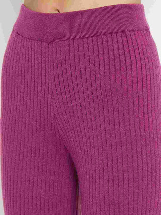 Madame Contrast Trim Top and Solid Bottoms Purple Knitted Co-ord Set