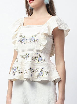 Madame Floral Print Top and Straight Trousers Off White Co-ord Set