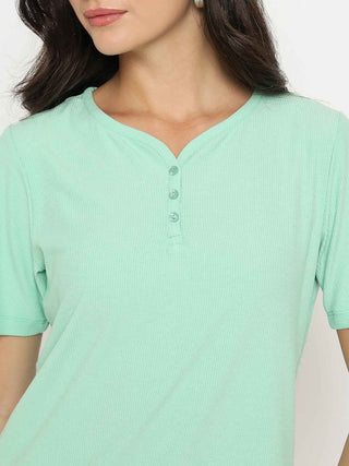 Madame Henley Neck Solid Green T-Shirt