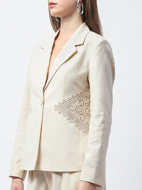 Madame Patchwork Detailed Solid Beige Blazer