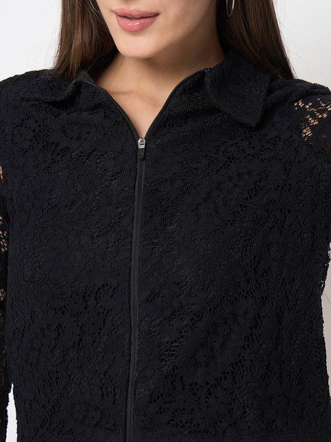 Madame Lace Zipper Cotton Blend Solid Black Top