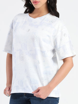 Madame Swarovksi Detailed Tie and Dye Sky Blue T-shirt