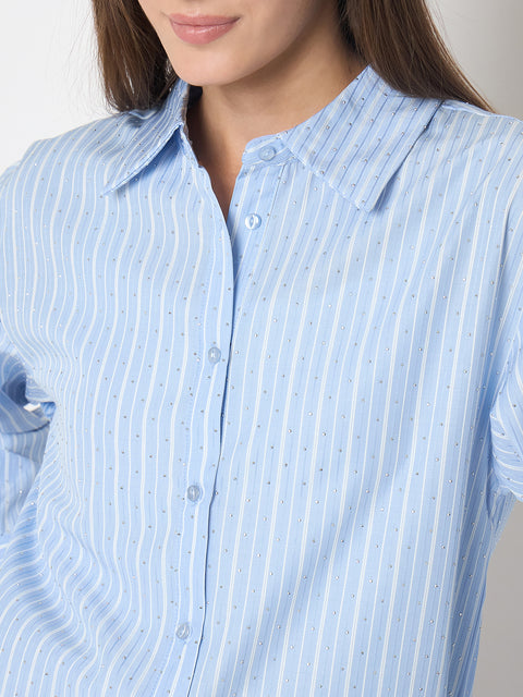 Madame Striped Cuff Sleeve with Shirt Collar Blue Shirt