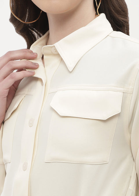 Madame Drawstring Waist Beige Flap Pocket Crop Shirt