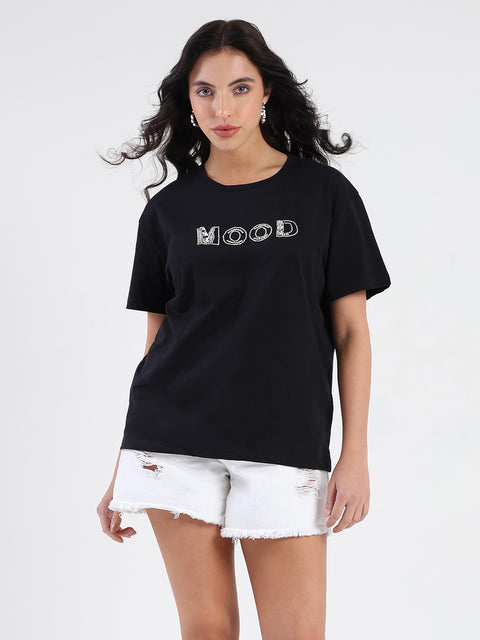 Madame Embellished Pocket Typography Black Cotton T-shirt
