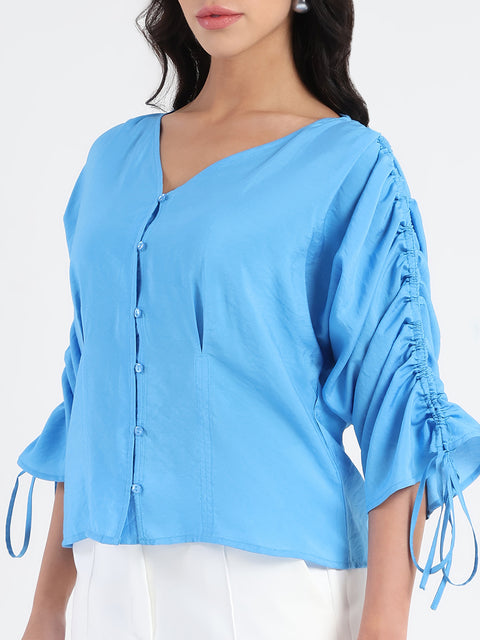 Madame Textured Ruched Sleeve Powder Blue Nylon Blend Top