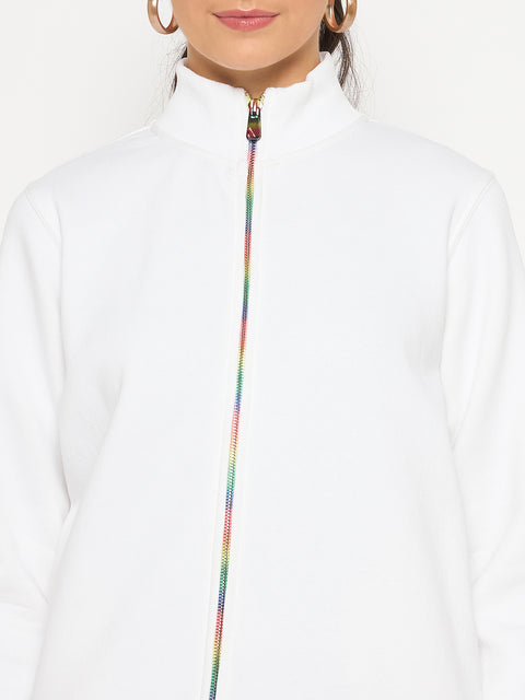 Madame Fleece T Neck Front Zip White Sweatshirt