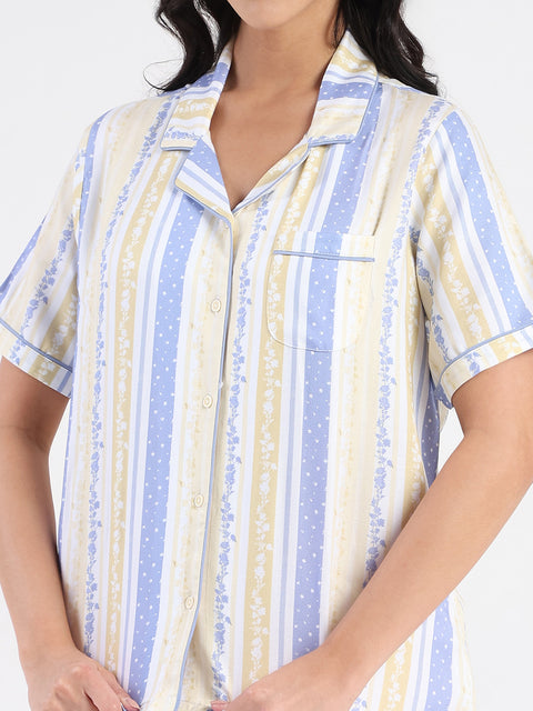mSECRET Striped Collar Top and Bottoms Yellow Nightsuit