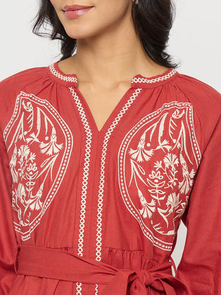 Madame Embroidered Belted A Line Midi Coral Dress