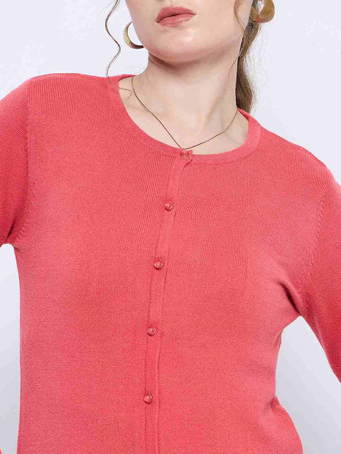 Madame Solid Coral Button Down Crew Neck Cardigan
