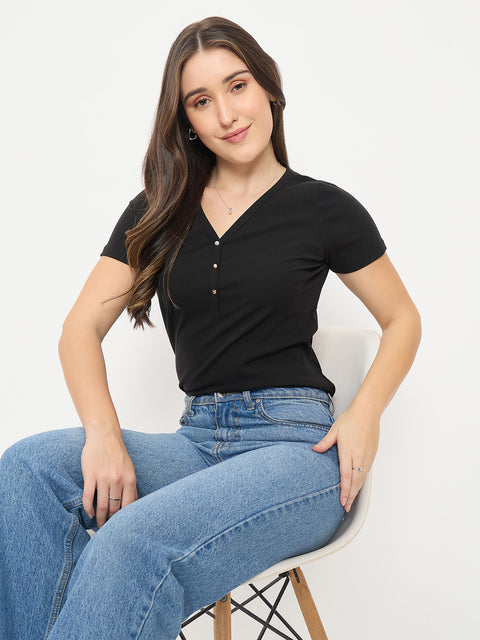 Madame Black V-Neck T-Shirt with Button Placket