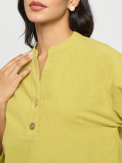 Madame Button Detail Solid Green Cotton Top