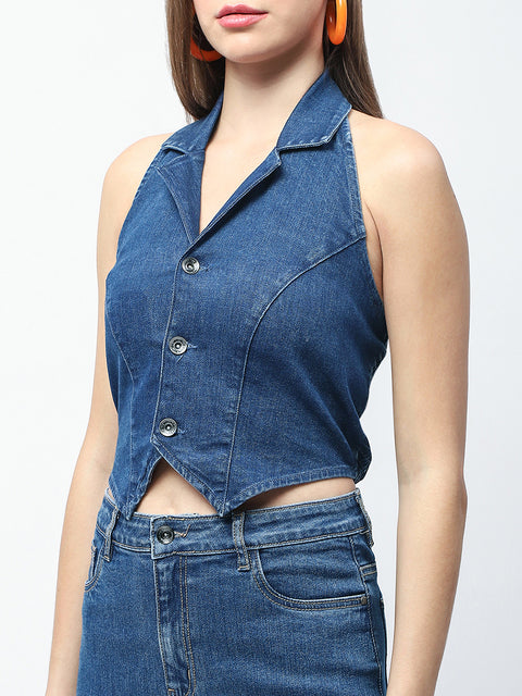 Madame Button-Down Dark Blue Halter Denim Crop Top