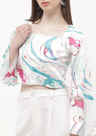 Madame Abstract Print Off-White Bell Sleeve Crop Top