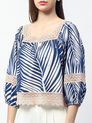 Madame Botanical Print Cotton Blend Navy Blue Top