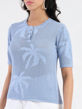 Madame Semi Sheer Botanical Pattern Sky Blue Knit Top