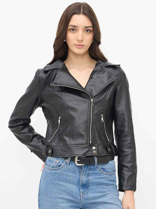 Madame Faux Fur Notch Lapel Collar Black PU Leather Jacket