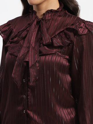 Madame Tie Knot Frill Necked Striped Wine Top