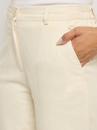 Madame Solid Wide Leg Off White Rayon Blend Trousers