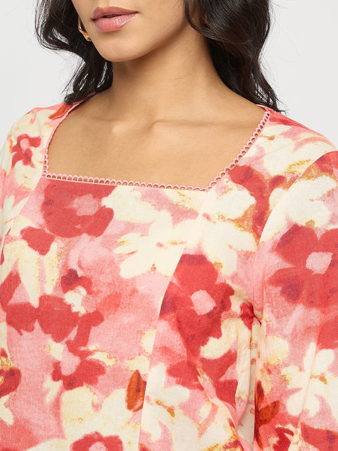 Madame Floral Print Square Neck Coral Top