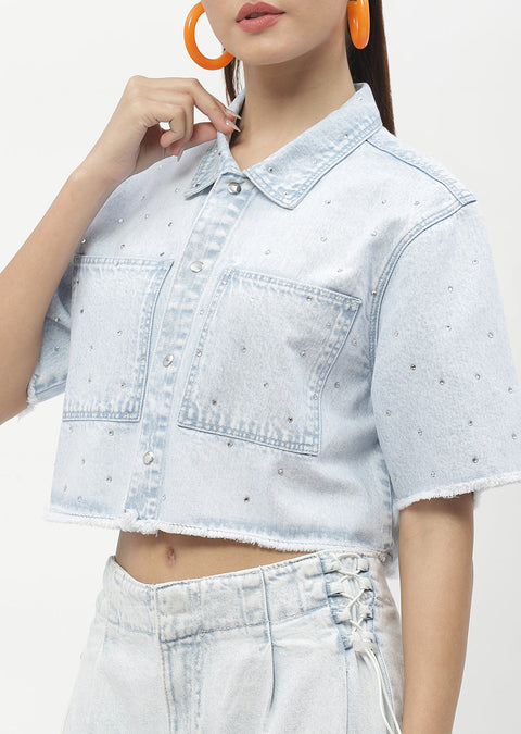 Madame Shanaya Kapoor Embellished Ice Blue Denim Crop Shirt