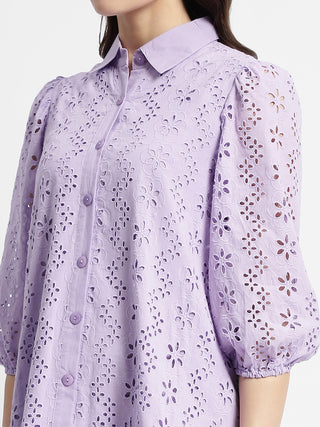 Madame Lilac Flared Hem Schiffli Mini Dress