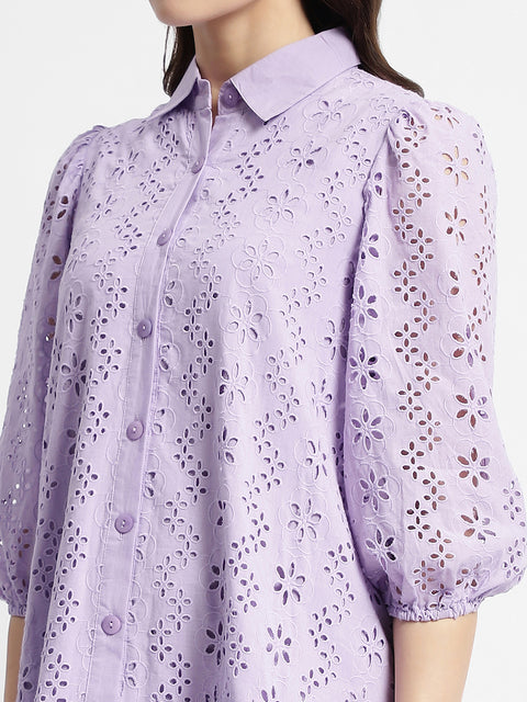 Madame Lilac Flared Hem Schiffli Mini Dress